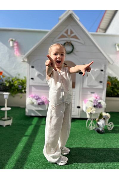 Sipsirin Linen Cotton Lurex Girl's Suit – Flared Trousers & Buttoned Vest – Natural Fabric Summer