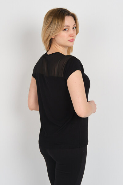 Sistas Women's V-Neck Shoulder and Back Tulle Detailed Short Sleeve Blouse 4148 Black