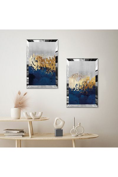Zevahir Mobilya Dekorasyon SET DE MASA DECORATIVA DUBLA MDF CU CADRU DE PLEXY CU OGLINDA ARGINTIE, FOND ALB, AUR ALB