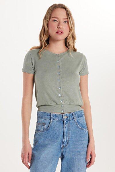 Tudors Kadın Slim Fit Dar Kesim Kısa Kollu Bisiklet Yaka Düğmeli Mint Hırka