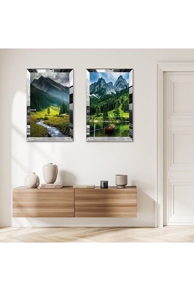 Zevahir Mobilya Dekorasyon SET DE TABLOR MDF DUAL PE ORIENȚĂ DE copaci abstracte din sat cu cadru din plexiglas cu oglindă argintie