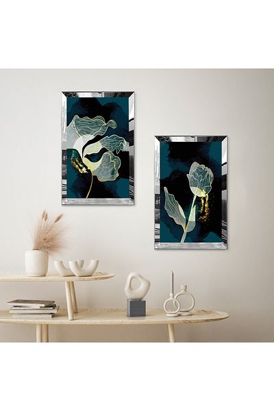 Zevahir Mobilya Dekorasyon SET DE MASA MDF DUBLA DE TRANDAFIR DECORATIV CU CADRU DE PLEXY CU OGLINDA ARGINTIE FOND VERDE