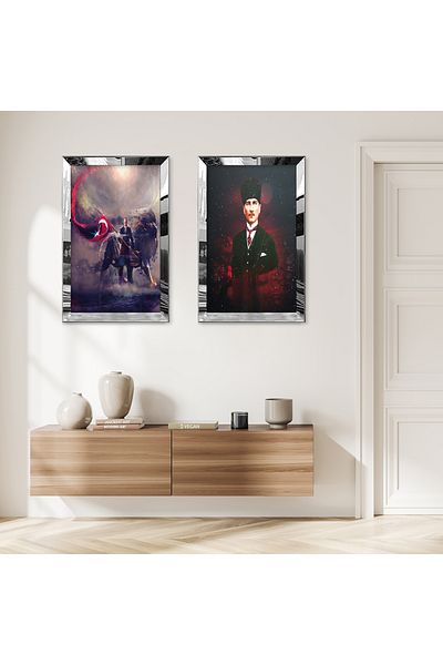 Zevahir Mobilya Dekorasyon SET DE MASA MDF DUBLA ATATURK CU CADRU DE PLEXY CU OGLINDA ARGINTIE
