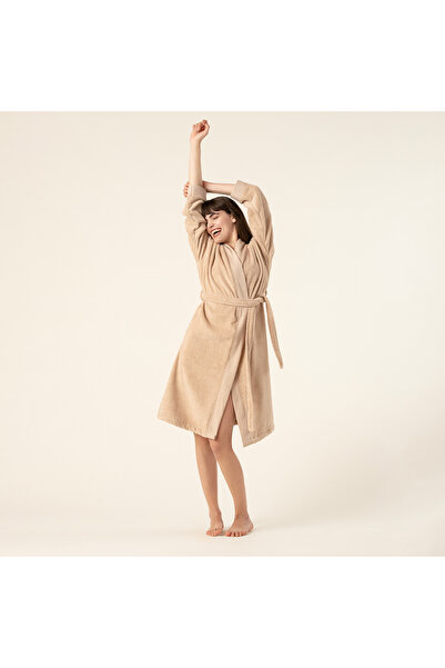 Zsa Zsa Zsu Solıd Bordürlü Pamuk %100 Pamuk Bornoz Large Beden Kum Rengı