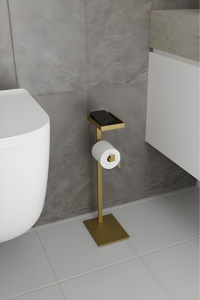 Grandmix Metal Toilet Paper Hanger with Phone Shelf Floor Standing Minimalist Toilet Roll Holder Bathroom Organizer
