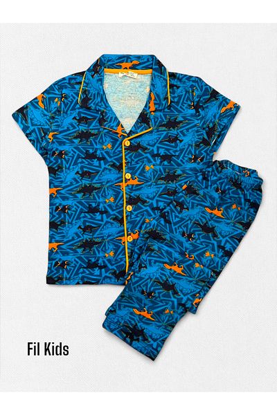 seamlife Set de pijamale sezoniere pentru băieți, 100% bumbac, cu model de dinozaur, guler de cămașă albastră, cu mânecă scurtă, cu nasturi