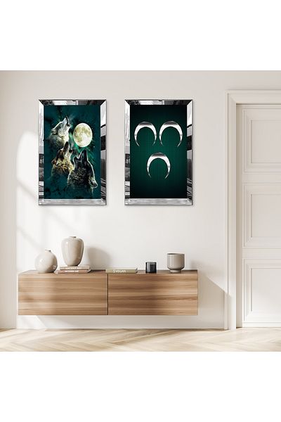 Zevahir Mobilya Dekorasyon SET DE MASA MDF DUBLA CU CADRU DE PLEXY CU OGLINDA SILVER 3 SEMI LUNA SI WOLF HOWLING