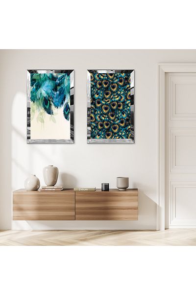 Zevahir Mobilya Dekorasyon SET DE MASA DECORATIVĂ DUBĂ MDF CU CADRU DE PLEXY CU OZNĂ DE ARGINT, VERDE APĂ ȘI FRUNZE GALBENE
