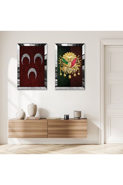 Zevahir Mobilya Dekorasyon SET DE MASA MDF DUBLA CU CADRU DE PLEXY CU OGLINDA SILVER, 3 SEMILUNA ROSE SI TUGRA OSMAN