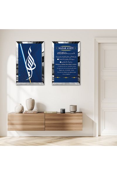 Zevahir Mobilya Dekorasyon SET DE MASA MDF DUBLA CU CADRU DE PLEXY CU OGLINDA ARGINTIE FOND ALBASTRU