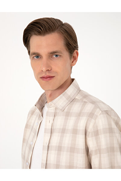 Pierre Cardin Bej Regular Fit Ekose Uzun Kollu Gömlek 50310832-VR011