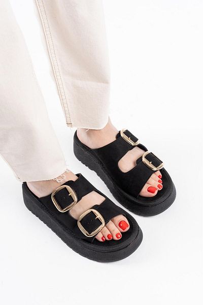 marceline Women's Black Suede Buckle Women's Orthopedic Sole Platform Slippers Sandals