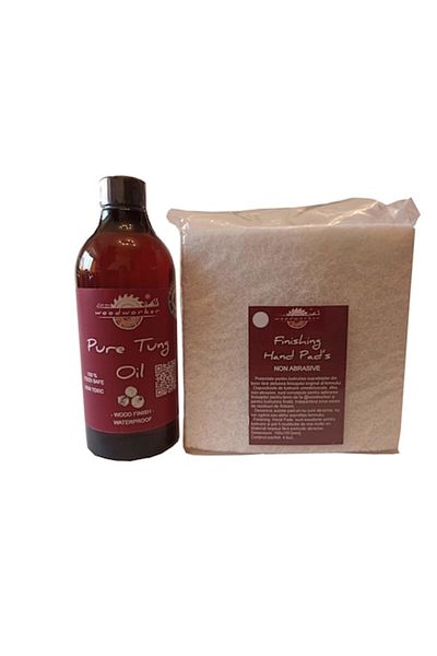 woodworker Kit pentru întreținere mobilier lemn, Prep'N Shine-Pure Tung Oil & Hand Pads Non Abraziv alb, 500 ml