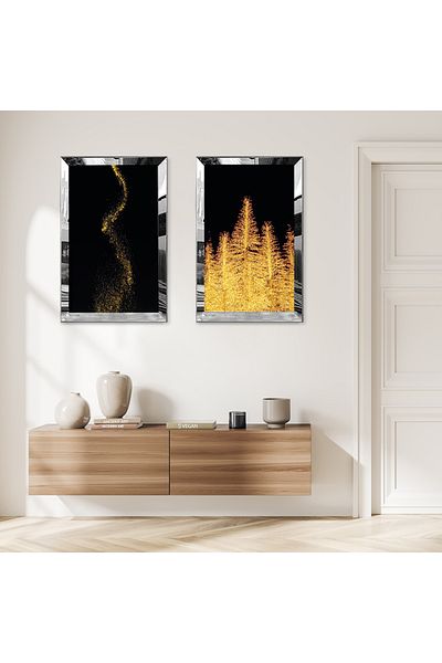 Zevahir Mobilya Dekorasyon SET DE MASA MDF DUBLA CU CADRU DE PLEXY CU OGLINDA ARGINTIE, FOND NEGRU, ARBORELE DE AUR SI MODEL DE AUR