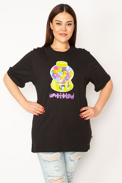 Şans Women's Plus Size Black Cotton Fabric Digital Printed Blouse 65n33277