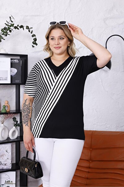 Siyezen Plus Size Striped Stone Blouse