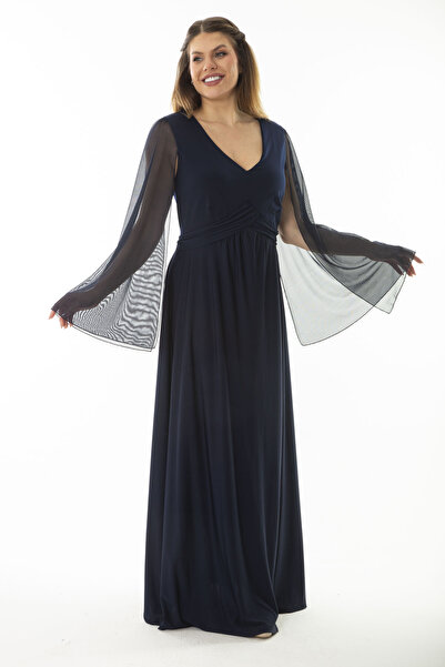 Şans Women's Large Size Navy Blue Waist Detailed Sleeves Tulle Evening Dress 65N37065