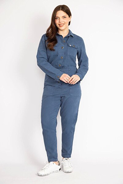 Şans Women's Indigo Large Size Front Buttoned Gabardine Jumpsuit 65n36260