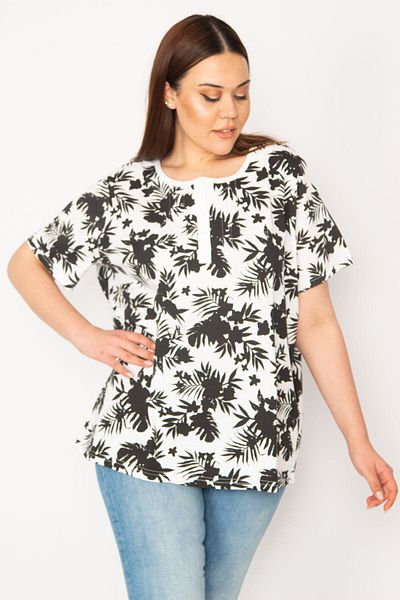 Şans Women's Plus Size Black Cotton Fabric Ribbed Stitched Placket Buttoned Blouse 65n32946