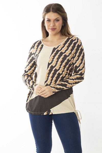 Şans Women's Large Size Milky Brown Patterned Blouse with Lace-Up Hem 65N37026