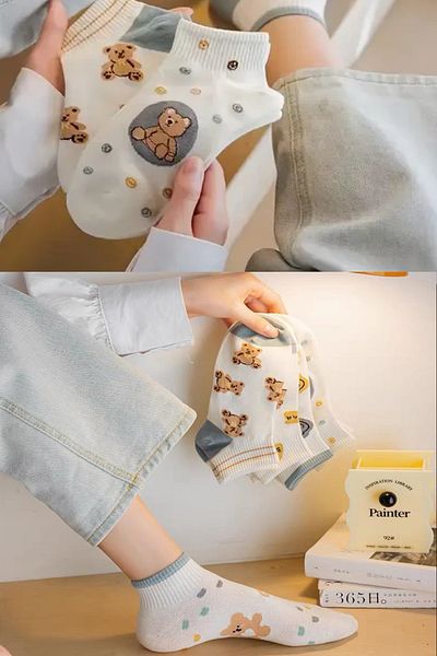 Esinti 5 Pairs Women's Ankle Length Seamless Toe Colorful Cute Smiling Teddy Bear Figured Booties Socks Set 5 Pieces
