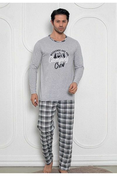 Intisimo Men's Pajamas, Sweatshirt Long Pants, Camping Crew, Light Grey - Xl