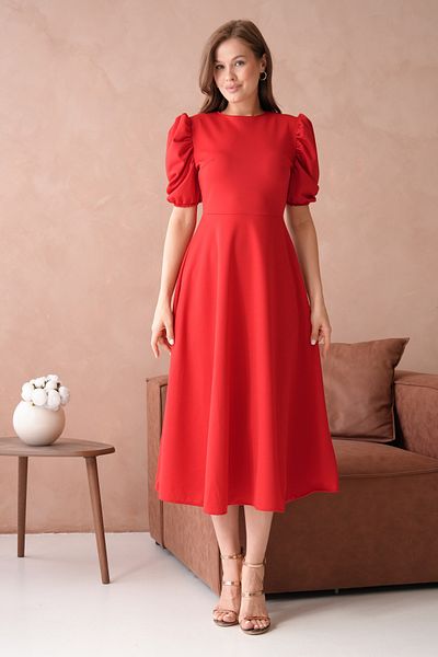 WOMAN VISION Women's Round Neck Balloon Sleeve Stretchy Scuba Crepe Fabric Midi Length Flared Cut Red Dress 092