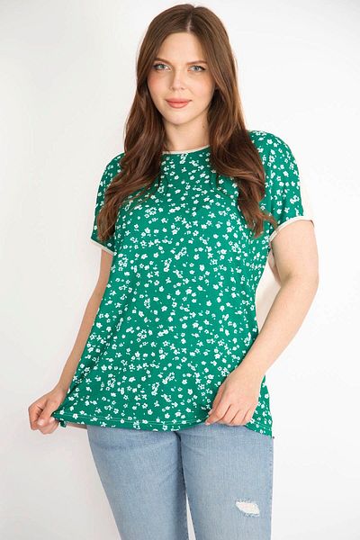 Şans Women's Green Large Size Front Patterned Low Sleeve Blouse 65n36335