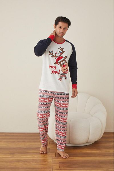 Intisimo Men's Pajamas, Christmas Theme, Merry Xmas!, Reindeer, Cotton, White/Red/Navy - 2XL