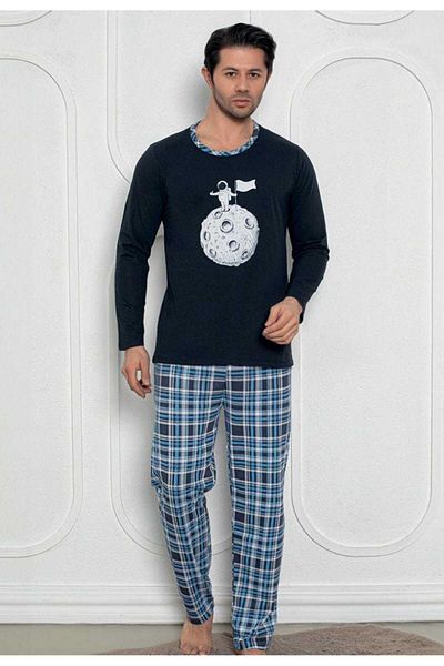 Intisimo Men's Pajamas, Blouse Long Pants, Moon, Black - L