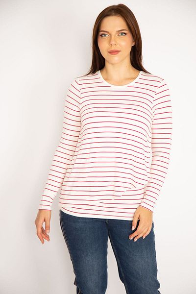 Şans Women's Large Size Red Wrap Front Striped Blouse 65n34917