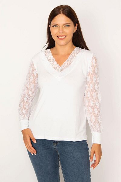Şans Women's Large Size White Collar and Sleeves Lace V-Neck Blouse 65n34528