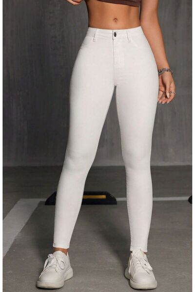 Shield Life Білі літні джинси з вузькими штанинами, високою талією, еластичні...