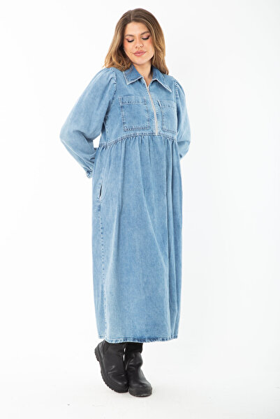 Genel Markalar Kadın Mavi Ön Pat Fermuarlı Kot Elbise 65N37378