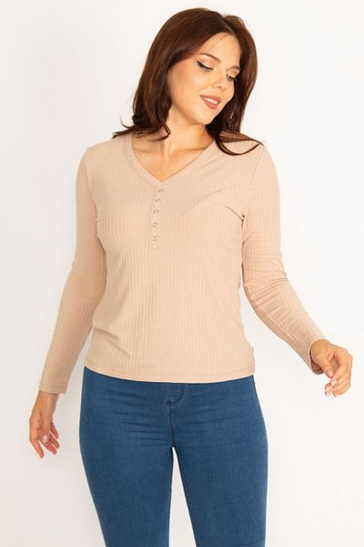 Şans Women's Large Size Powder Front Placket Ornamental Buttoned Camisole Blouse 65n34773
