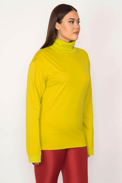 Şans Women's Large Size Green Cotton Fabric Turtleneck Blouse 65n29627