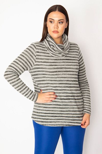 Şans Women's Large Size Black Soft Fabric Stand-Up Collar Striped Tunic 65n29356