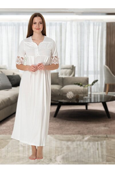 Pelin Kadın Ekru Dantelli Lohusa Hamile Gecelik Sabahlık Takım