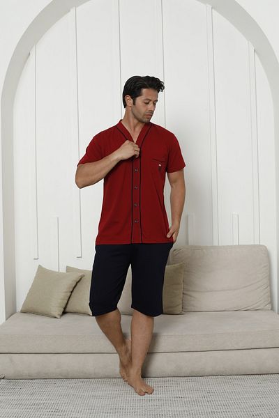 KAPİTEX Buttoned Long Sleeve Short Sleeve Capri Burgundy Color Men's Pajama Set - Father's Day Gift