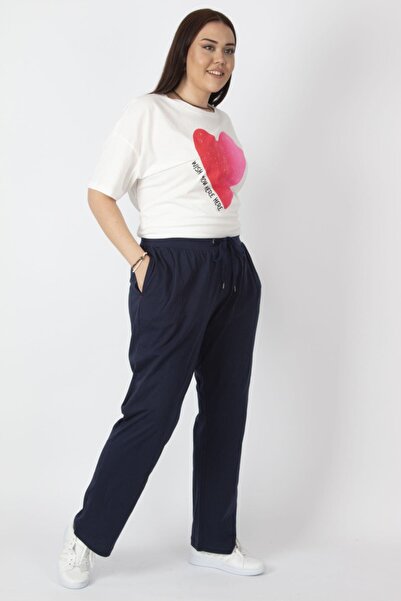 Şans Жіночі плюс розмір темно-синя бавовняна тканина з талією спортивні штани 65n31837