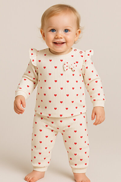 nevrankids Heart Pattern Fiyonk & Fırfır Detay Lüx Kız Bebek Çocuk Takım