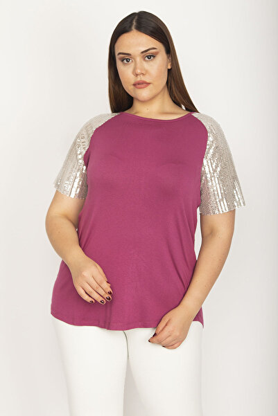 Şans Γυναικεία μπλούζα μεγάλου μεγέθους μωβ με πούλιες με λεπτομερή λαιμόκοψη 65N36882