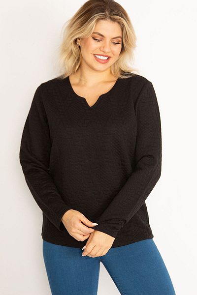 Şans Women's Large Size Black V-neck Back Stripe Detailed Self-patterned Tunic 65n34633