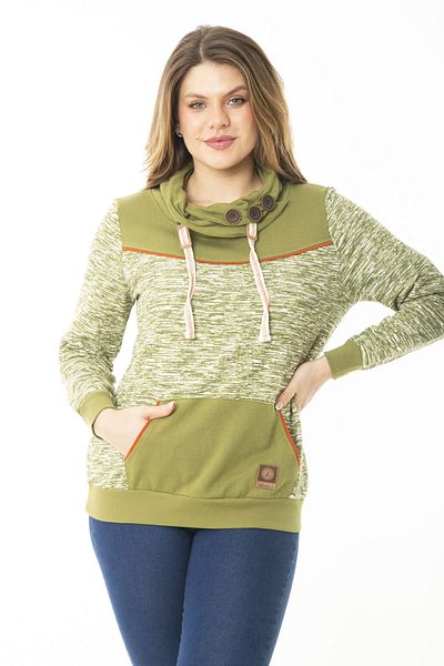 Şans Women's Large Size Eyelet Lace and Ornamental Button Detailed Kangaroo Pocket High Collar Sweatshirt 65N37122