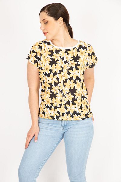 Şans Women's Yellow Plus Size Front Patterned Blouse 65n36058