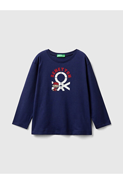 Benetton Erkek Çocuk Logo Baskılı Sweatshirt 1-6 Yaş Lacivert