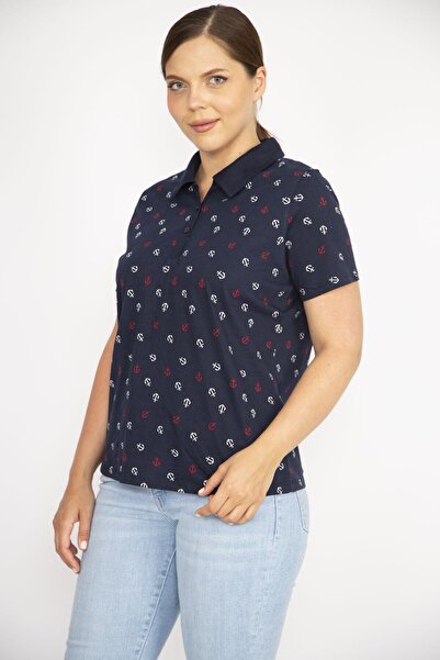 Şans Women's Navy Blue Large Size Cotton Fabric Marine Pattern Polo Collar Short Sleeve Plus Size Blouse 65n36646