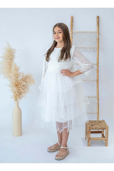Stayele Elegant White Lace Layered Girls Dress