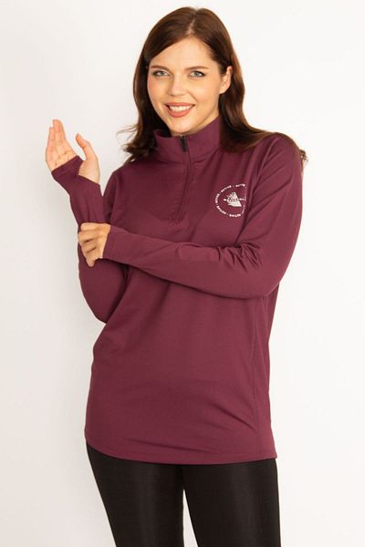 Şans Hanorac sport detaliat din tul pentru femei, mărime mare, burgundă, cu plăcuță frontală, cu fermoar la subrat 65n34762
