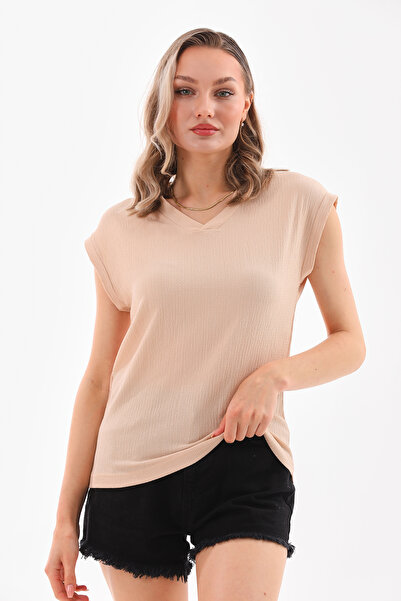 DEVRİMAY TEKSTİL Γυναικεία Κρεμ μπλούζα με λαιμόκοψη με λαιμόκοψη